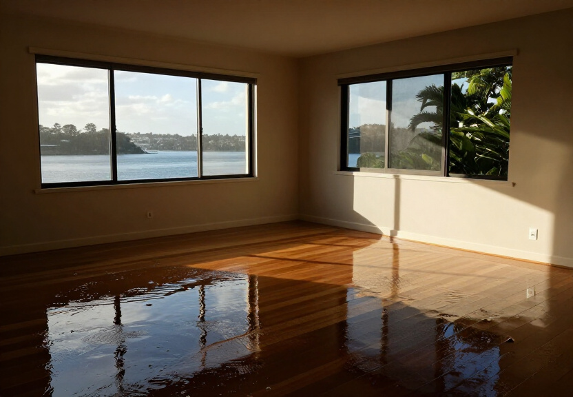 Flooded living room in Yowie Bay before restoration